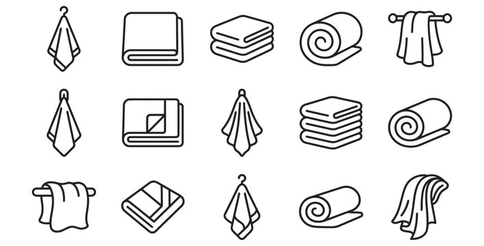A collection of simple line art icons representing various folded and rolled towels for household use on transparent background