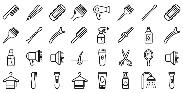 Collection of diverse professional hair salon and barber shop tools and accessories on transparent background