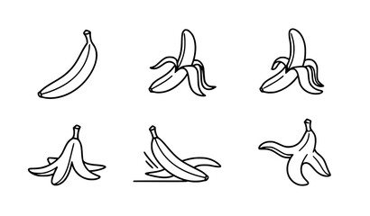 Six black line art illustrations of bananas in various stages of ripeness and peeling © vector design 