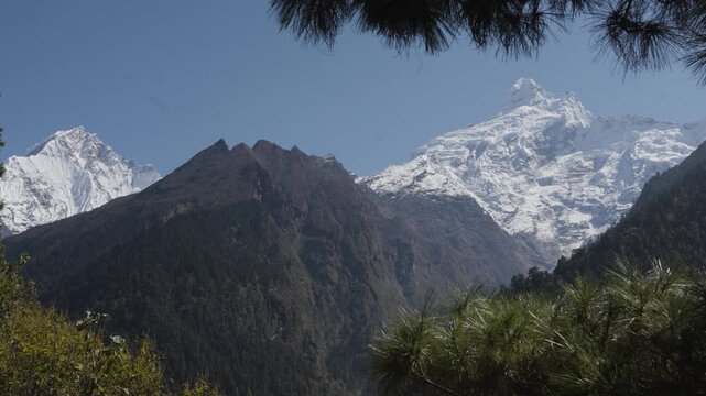 Ganesh Himal Mountain Range with Pabil and Salasungo Himalayan Peaks Seen on a clear sky day from Gumba LongDang in Tsum Valley Nepal