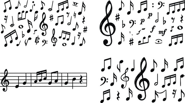 Hand drawn musical notes and symbols vector set including treble clef bass clef staff sheet music and musical notation elements