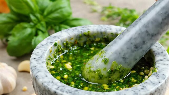 Making fresh pesto sauce with basil, garlic, and pine nuts in a mortar