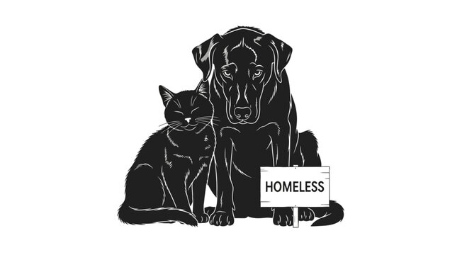 Homeless stray dog and cat sitting together holding a sign.