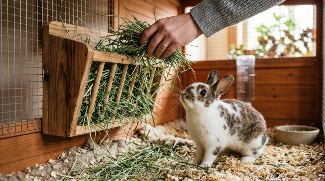 Rabbit hay green hay pet rabbit hand feeding wooden feeder rabbit cage indoor animal small mammal animal care fresh fodder