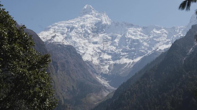 Ganesh Himal Mountain Range with Pabil and Salasungo Himalayan Peaks Seen on a clear sky day from Gumba LongDang in Tsum Valley Nepal
