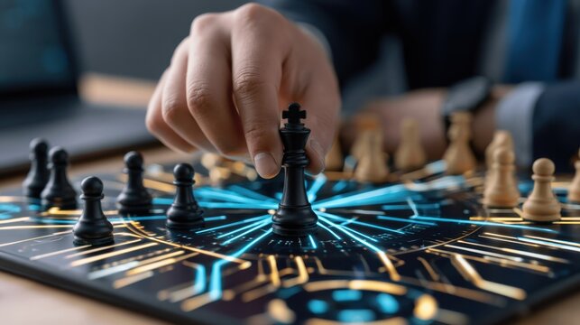 Close-up of hand moving black chess king piece on futuristic circuit board style chessboard symbolizing strategy planning artificial intelligence and technology