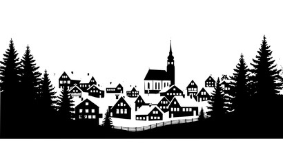 Naklejka premium Vintage black silhouette of european village with church and pine trees winter scene