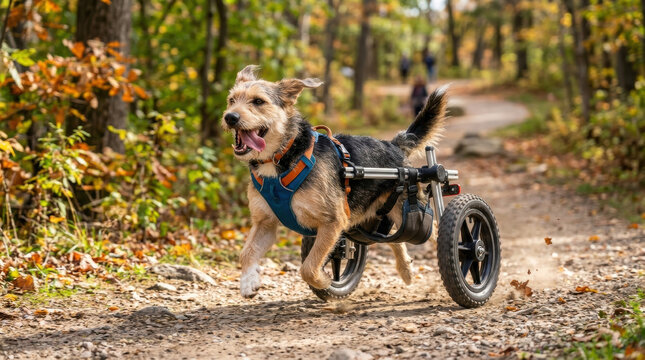 Dog wheelchair disabled dog paralyzed dog rescue dog pet mobility outdoor trail forest path happy dog rehabilitation animal care