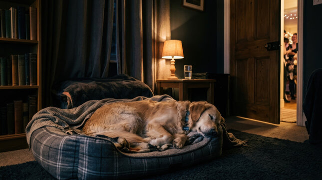 Sleeping dog cozy room dark interior warm lamp quiet home pet bed canine rest relaxed pet indoor scene blanket