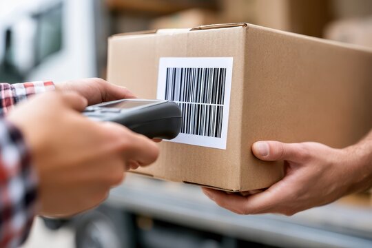 Delivery person scanning barcode on a cardboard package being handed over with a truck in background