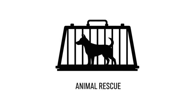 Minimalist black silhouette logo design of a dog inside a travel pet carrier crate for animal rescue.