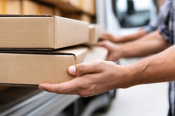 Fototapeta premium Close-up of hands loading cardboard boxes into a delivery truck for shipping and logistics services.