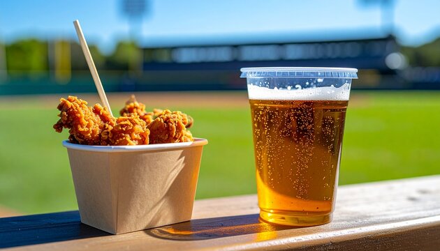 野球場のスタンドの手すりに置かれた四角い紙カップ入りの唐揚げとビールのセット