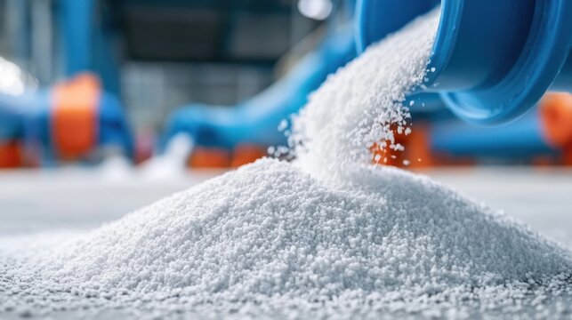 White granular plastic pellets pouring from blue industrial pipe onto conveyor belt in manufacturing plant close-up macro view for polymer production