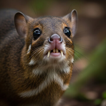 Captivating close-up of an adorable mouse-deer with unique fangs, gazing curiously upwards in its natural habitat