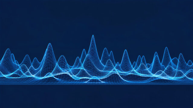 Blue wireframe wave graph representing data analysis and mathematical frequency generated using ai