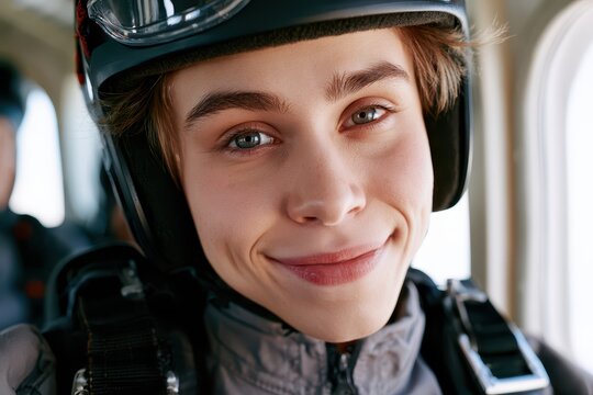 Close-up portrait of a young woman in a skydiving helmet, smiling with excitement before her jump.