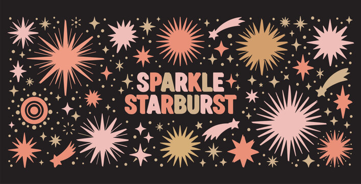 A festive collection of starbursts and shooting stars with the words sparkle starburst on transparent background