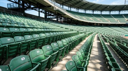 Fototapeta premium Empty Green Stadium Seats Under Bright Sunlight.