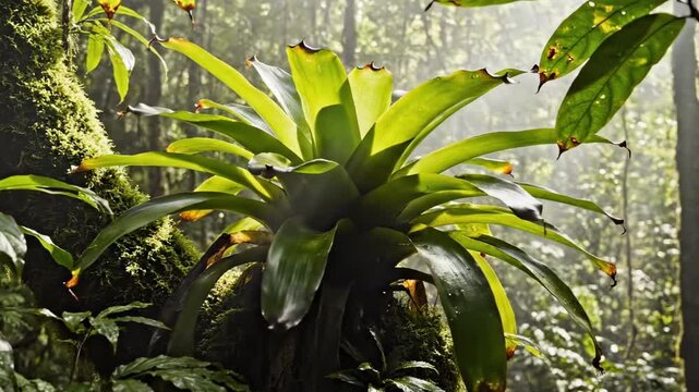 Bright bromeliad plants in the rainforest growing on mossy trunk, rosette leaves with dark tips, filtered sunlight, humid jungle layers, epiphytic tropical foliage in cinematic detail, fresh air
