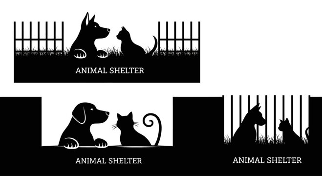 Set of black and white animal shelter logo icons with dog and cat silhouettes.