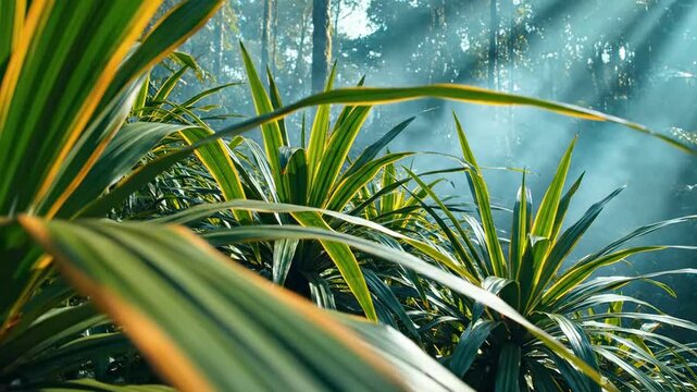 Spiky pandanus plants in the rainforest with long blade leaves, golden leaf edges, blue mist and diagonal sun rays, layered jungle depth, cinematic tropical foliage atmosphere, wild botanical texture
