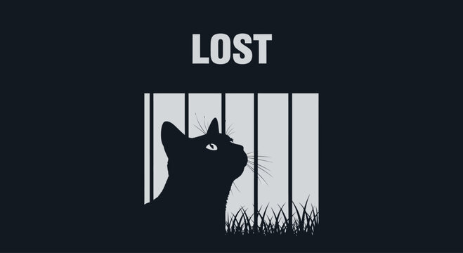 Silhouette of a lost black cat looking through a fence.