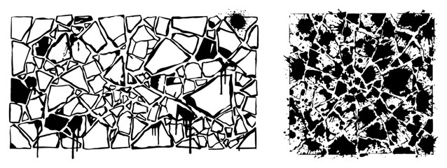 Cracked stone wall texture and radial explosion shards with dripping paint street art style © Wuszu