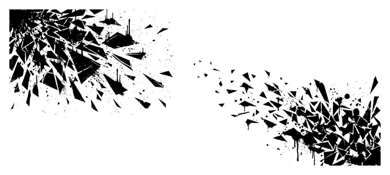 Shattered glass fragments flying from corners in minimalist black and white splash style