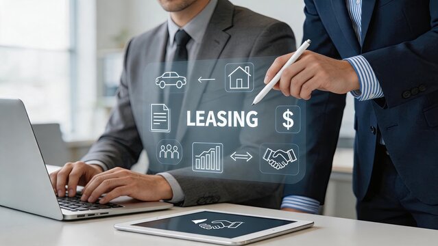 Business team discussing leasing agreement with digital interface showing car and house rental options, financial contract signing process on tablet and laptop in modern office