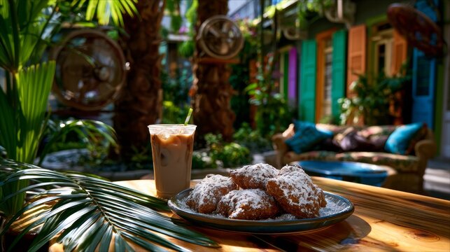 A sunlit New Orleans caf&eacute; courtyard with fresh beignets dusted in powdered sugar beside an iced coffee, tropical plant