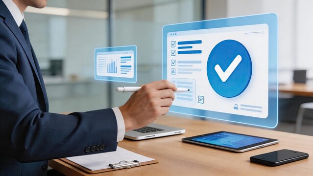 Professional verifying digital checklist on floating screen with large checkmark icon, online approval workflow and authentication process on desk with mobile devices in workspace.