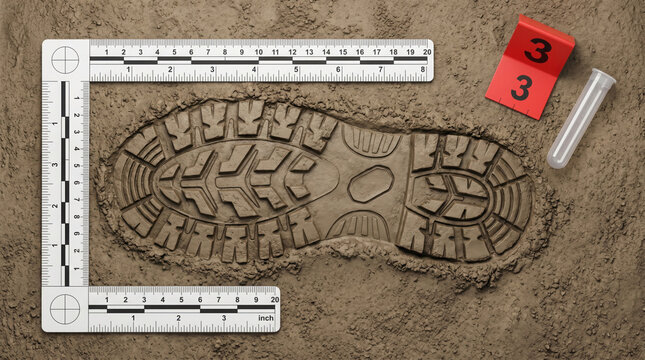 Forensic investigation of a shoe print in soil with a measuring scale and generated using ai