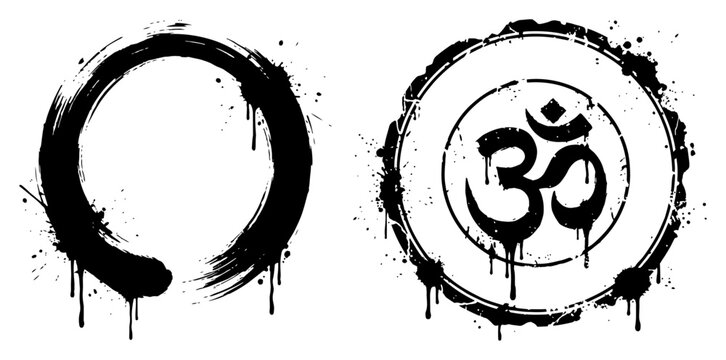 Zen enso circle and sacred om symbol with grunge ink splatters in urban spiritual style
