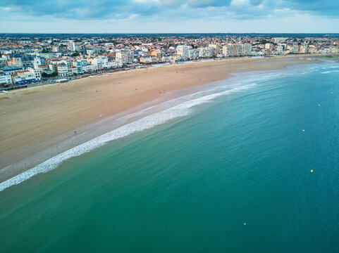 Aerial drone view of sand beach in Les Sables d'0lonne , France