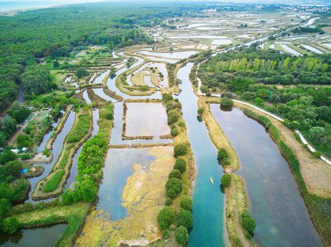 Salterns, areas with hypersaline water for natural salt-works, near Les Sables d'Olonne, Pays de la Loire, France