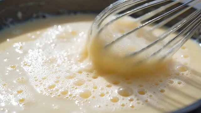 Close-up of whisking eggs and creating a frothy mixture in a pan