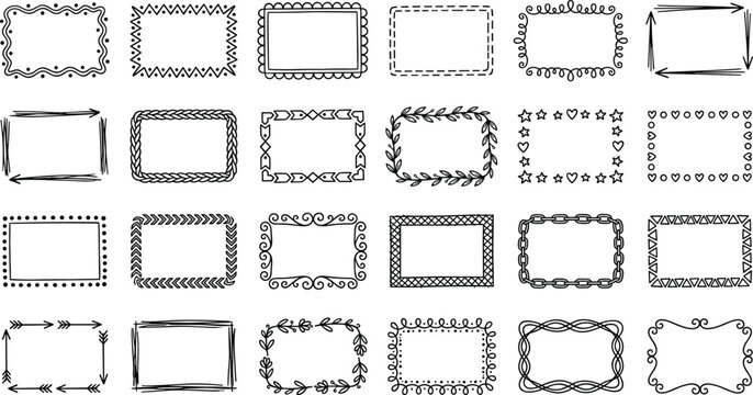 Hand drawn decorative rectangular frame collection with ornate borders arrows hearts leaves and geometric patterns creative artwork design
