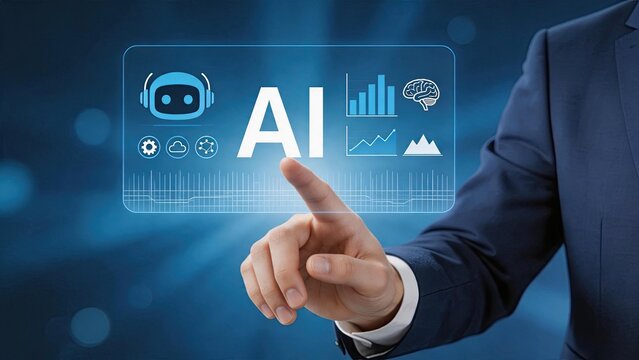 Businessman interacting with futuristic AI interface, artificial intelligence concept with robot and data analytics icons on digital screen for technology innovation