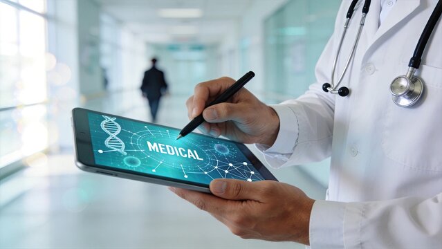 Doctor in white coat holding tablet computer displaying medical dna helix structure and network connections, healthcare technology, genetic research, modern medicine, hospital