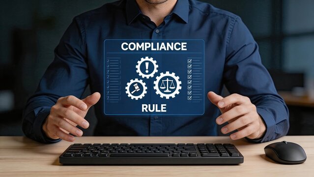 Businessman sitting at desk with keyboard and mouse, holographic interface showing compliance rule text, gears, scales of justice and gavel icons, legal regulations, corporate