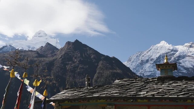 Ganesh Himal Mountain Range with Pabil and Salasungo Himalayan Peaks Seen on a clear sky day from Gumba LongDang in Tsum Valley Nepal