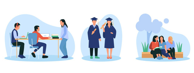 University student life vector set, diverse college students studying and graduating, academic education scenes with graduates and learners