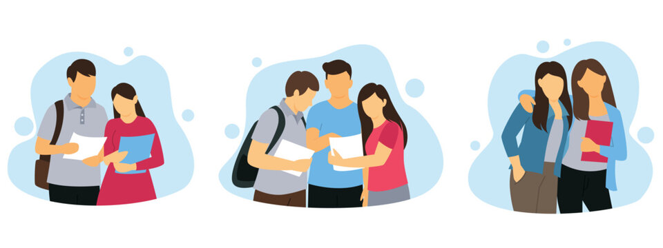 Flat vector student characters set, diverse college students with backpacks and books, young people studying and socializing in university campus