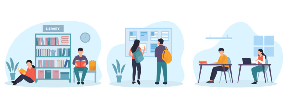 Modern library flat vector illustration set, students studying in university library, people reading books and working on laptops in college