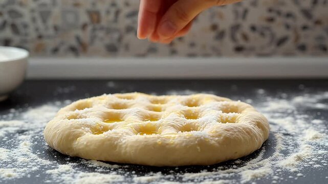 Baker sprinkles salt on dimpled dough, preparing focaccia bread for baking