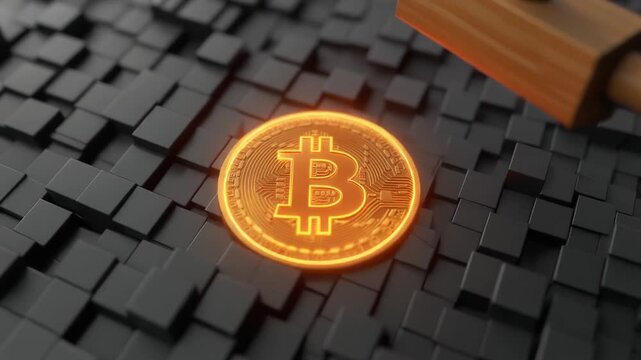 A glowing golden digital currency symbol rests on a dark, intricate abstract grid, conceptualizing the evolving landscape of decentralized finance and market dynamics