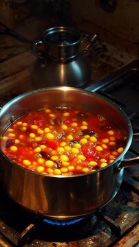 Hearty vegetable stew simmering on a gas stove with a kettle in background