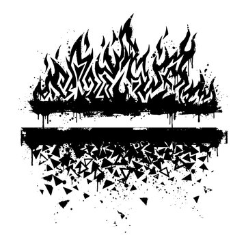 Fire flames and shattered geometric shards separated by horizontal space in abstract grunge style