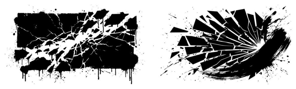 Shattered rectangle and exploding shard burst with ink drips and grunge texture in urban street art style